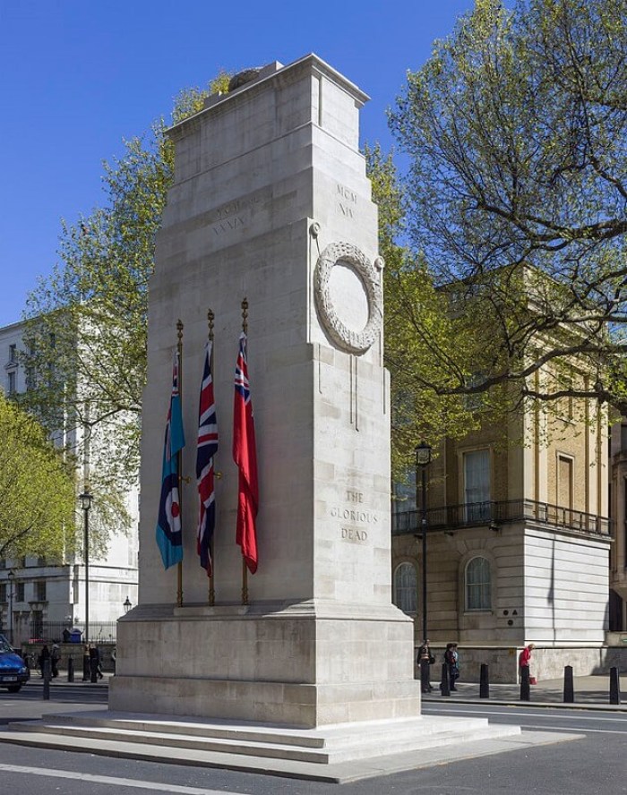 The Cenotaph on Whitehall in London is designated as the United Kingdom's primary war memorial. It commemorates the end of World War One.