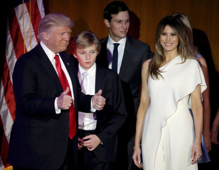 U.S. President-elect Donald Trump greets supporters along with his wife Melania and family during his election night rally in Manhattan, New York, November 9, 2016.