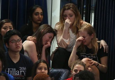 Supporters of Hillary Clinton react at her election night rally in Manhattan, New York.