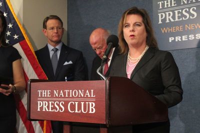 Susan B. Anthony List president Marjorie Dannenfelser speaks during a press conference at the National Press Club in Washington, D.C. on November 9, 2016. Family Research Council President Tony Perkins (L) and conservative activist Richard Viguerie (M) also spoke at the press conference.