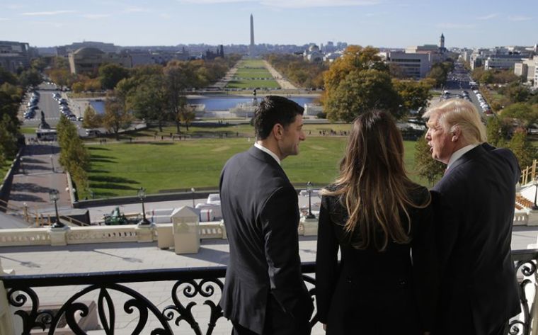 (L-R) Speaker of the House Paul Ryan, R-Wis., shows Melania Trump and U.S. President-elect Donald Trump the Mall from the Speaker's Balcony on Capitol Hill in Washington, November 10, 2016.