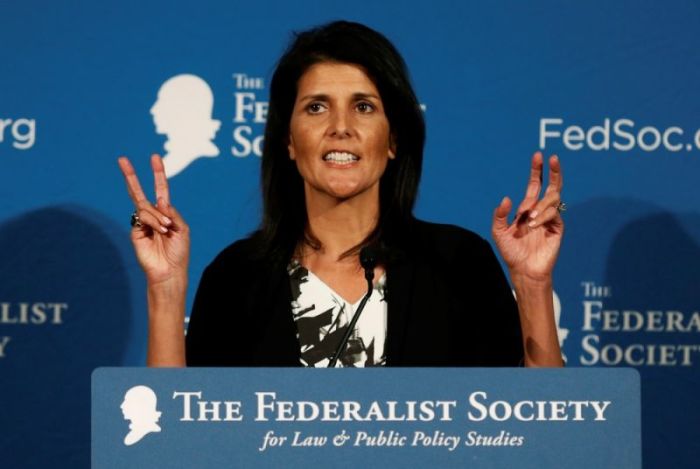 Republican South Carolina Governor Nikki Haley delivers remarks at the Federalist Society 2016 National Lawyers Convention in Washington, U.S., November 18, 2016.