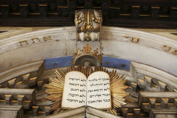 A depiction of the tables of the law in the Levantine synagogue is pictured in the Venice ghetto, the oldest in the world, which is making its 500the anniversary, northern Italy, March 22, 2016. The Jews of the world's first ghetto, marking its 500th anniversary, advise patience and integration to Europe as it struggles with the challenge of mass migration. In March 1516 the leader of the Venetian Republic and his senate decreed to confine the city's Jews on an island. Venice gave the world the word 'ghetto', with its infamous connotations through the centuries.