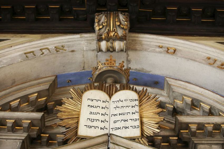 A depiction of the tables of the law in the Levantine synagogue is pictured in the Venice ghetto, the oldest in the world, which is making its 500the anniversary, northern Italy, March 22, 2016. The Jews of the world's first ghetto, marking its 500th anniversary, advise patience and integration to Europe as it struggles with the challenge of mass migration. In March 1516 the leader of the Venetian Republic and his senate decreed to confine the city's Jews on an island. Venice gave the world the word