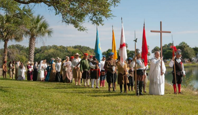 A group in 2016 reenacting the September 8, 1565 founding of St. Augustine, Florida.