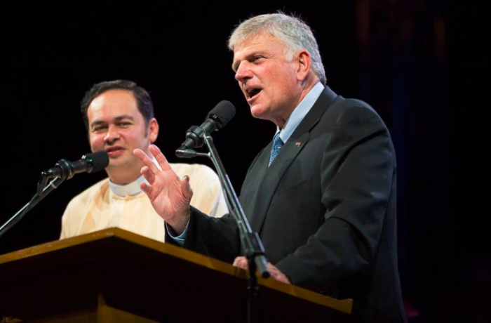 Franklin Graham speaks to thousands gathered at the Yangon Love Joy Peace Festival in Myanmar on November 19, 2016.