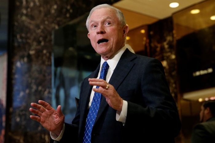 U.S. Senator Jeff Sessions, R-Ala., an advisor to U.S. President Elect Donald Trump, speaks to members of the Media in the lobby of Trump Tower in the Manhattan borough of New York City, New York November 17, 2016.
