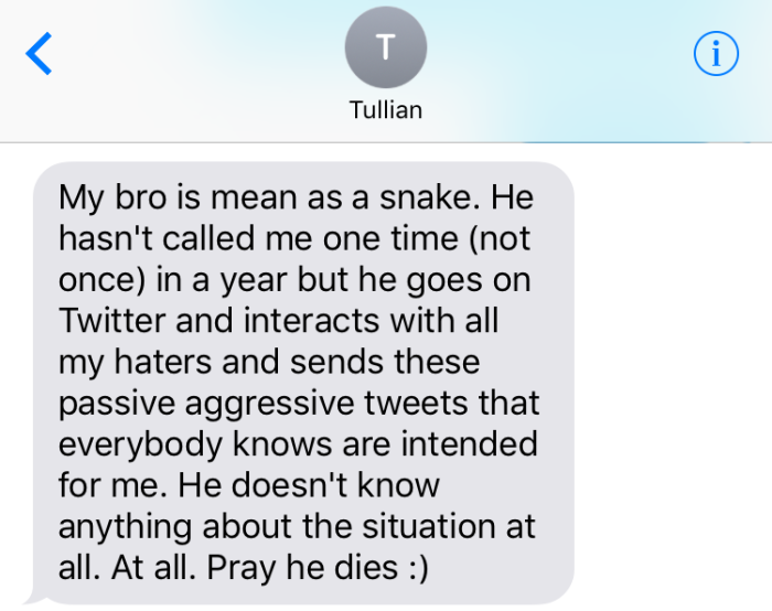 A message allegedly written by Tullian Tchividjian about his brother Boz Tchividjian.
