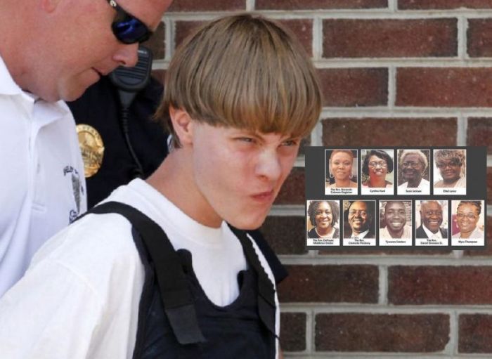 Police lead suspected shooter Dylann Roof, 21, into the courthouse in Shelby, North Carolina, June 18, 2015. His victims appear in the inset photo.