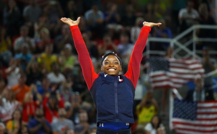 2016 Rio Olympics women's final Final in Rio Olympic Arena, Rio de Janeiro, Brazil, August 16, 2016. Gold medalist Simone Biles of USA reacts.