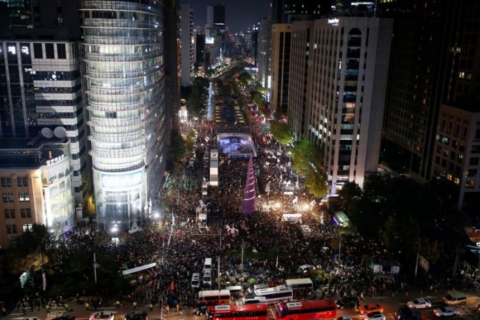 Protesters pack the streets of central Seoul, South Korea, on October 29, 2016.
