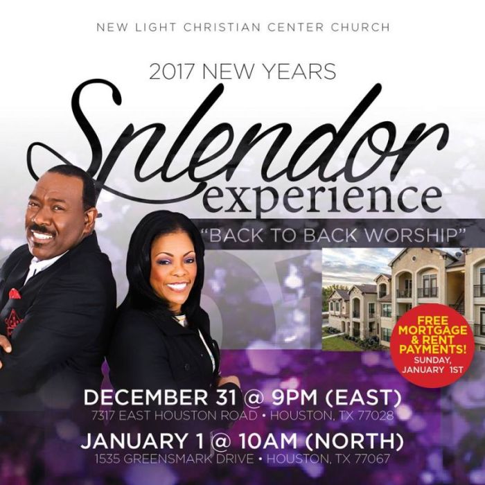 The New Light Christian Center Church flyer offering prizes of free mortgage and rent payments for holiday church services.