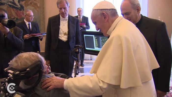 Pope Francis meets with theoretical physicist Stephen Hawking on Nov. 28, 2016 at the Vatican during a session of the Pontifical Academy of Sciences.