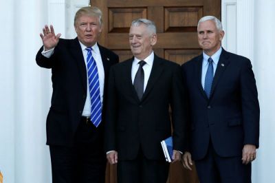 U.S. President-elect Donald Trump (L) and Vice President-elect Mike Pence (R) greet retired Marine General James Mattis for a meeting at the main clubhouse at Trump National Golf Club in Bedminster, New Jersey, U.S., November 19, 2016.
