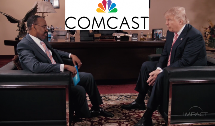Impact Network President and CEO Bishop Wayne T. Jackson interviews President-elect Donald Trump on Saturday, September 3, 2016 at Great Faith Ministries in Detroit, Michigan. The Comcast Logo (Inset).