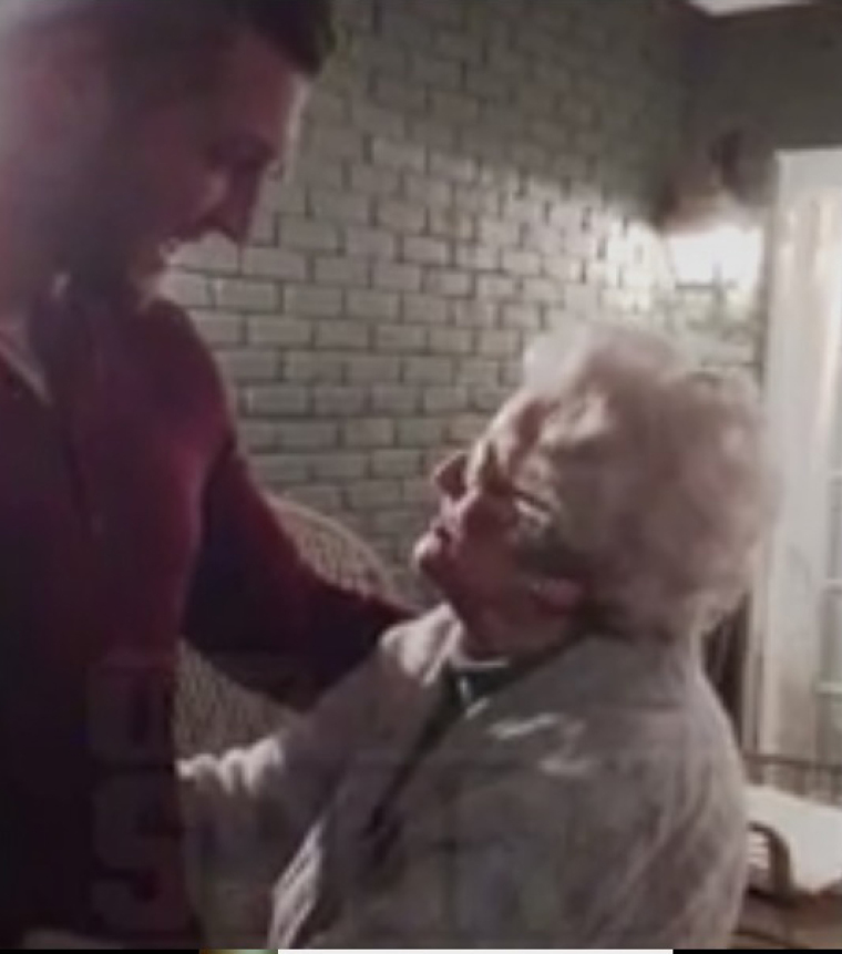 Tim Tebow surprises 89-year-old fan Margaret Henderson of Atlanta, Georgia, at her home on December 4, 2016.
