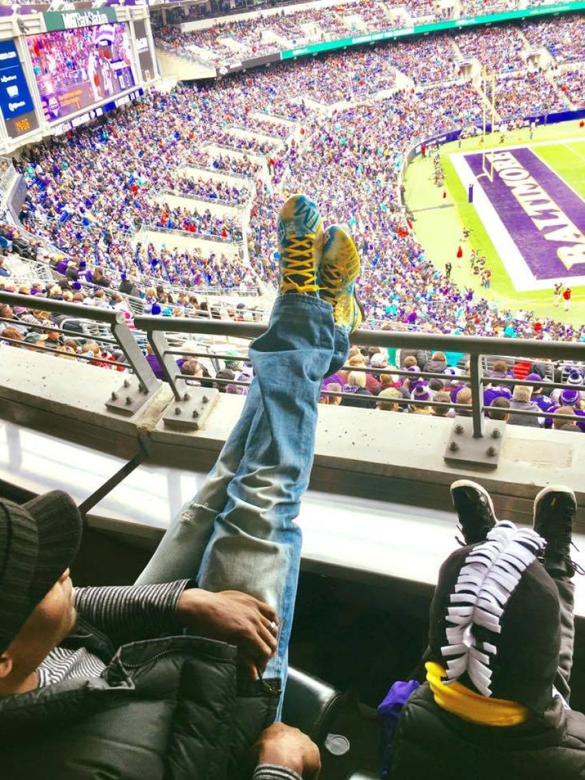 Baltimore Ravens tight end Benjamin Watson wears custom-made cleats to represent his support for the International Justice Mission as part of the #MyCauseMyCleats initiative. Baltimore, Maryland, December 4, 2016.