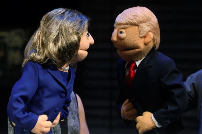 Puppets in the likeness of Democratic presidential nominee Hillary Clinton (L) and Republican presidential nominee Donald Trump (R) face-off as they pose for a photo after a mock Avenue Q sponsored debate in the Manhattan borough of New York, U.S., September 26, 2016.