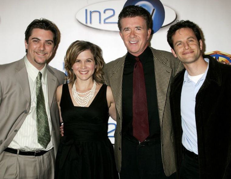 Actors (L-R) Jeremy Miller, Tracey Gold, Alan Thicke and Kirk Cameron best known for their portrayal of a family on the 'Growing Pains' television series pose as they arrive at the launch party for In2TV in Beverly Hills, California, March 15, 2006.