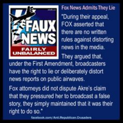 Social media photo meme that falsely claims that Fox News admitted in a court case that they lie.