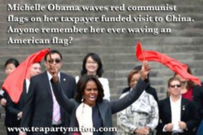 Widely circulated photo meme falsely claiming that First Lady Michelle Obama was waving Communist flags at an event in China.
