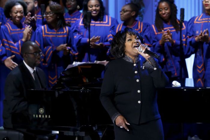 Pastor Shirley Caesar performs with the Morgan State University choir as part of a tribute to gospel music for an 'In Performance at the White House' television event at the White House in Washington April 14, 2015. Also included on the program were Bishop Rance Allen, Aretha Franklin, Rodney Crowell, Rhiannon Giddens, Emmylou Harris, Darlene Love, Lyle Lovett, Tamela Mann, the Morgan State University Choir and Michelle Williams.