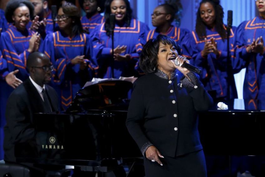 Pastor Shirley Caesar performs with the Morgan State University choir as part of a tribute to gospel music for an "In Performance at the White House" television event at the White House in Washington April 14, 2015. Also included on the program were Bishop Rance Allen, Aretha Franklin, Rodney Crowell, Rhiannon Giddens, Emmylou Harris, Darlene Love, Lyle Lovett, Tamela Mann, the Morgan State University Choir and Michelle Williams.