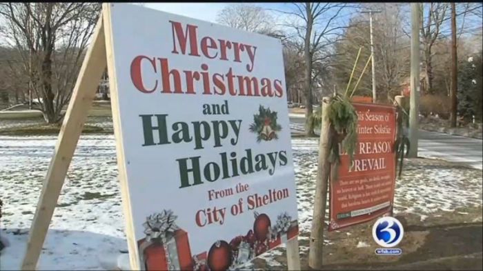 Pro-Christmas sign erected to counter anti-Christmas atheist mesage in Shelton, Connecticut, in December 2016.