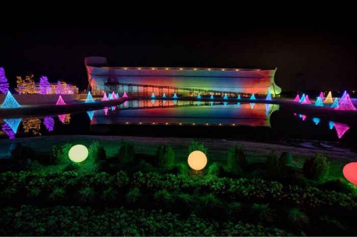 The Ark Encounter theme park in Williamstown, Kentucky, wrapped in rainbow lights for the Christmas 2016.