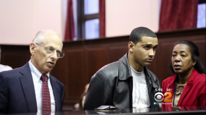 Isaac Infante (with his lawyer, left, and a Spanish translator) pictured in Manhattan Criminal Court on Wednesday after being arrested for murdering his ex-teacher and their 4-year-old son