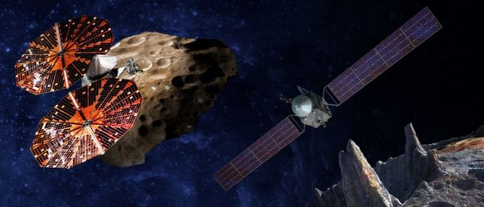 (Left) An artist's conception of the Lucy spacecraft flying by the Trojan Eurybates – one of the six diverse and scientifically important Trojan asteroids to be studied. (Right) Psyche, the first mission to the metal asteroid 16 Psyche - the only known object of its kind in the solar system.