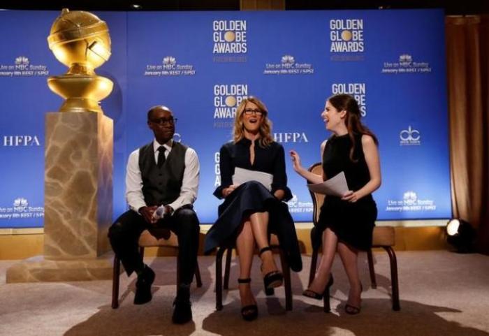 Actors Don Cheadle, Laura Dern, and Anna Kendrick (L-R) sit before announcing nominations for the 74th Annual Golden Globe Awards in Beverly Hills, California, U.S., December 12, 2016.