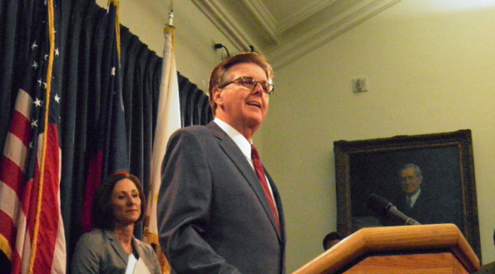 Texas Lieutenant Governor Dan Patrick speaks at a news conference on the introduction of a bill that would limit access to bathrooms and other facilities for transgender people at the State Capitol in Austin, Texas, U.S., January 5, 2017.