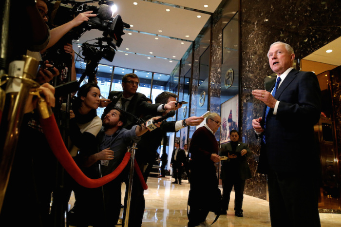 In this file photo, U.S. Senator Jeff Sessions (R-AL), attorney general nominee, speaks to members of the media in the lobby of Trump Tower in the Manhattan borough of New York City, New York November 17, 2016.