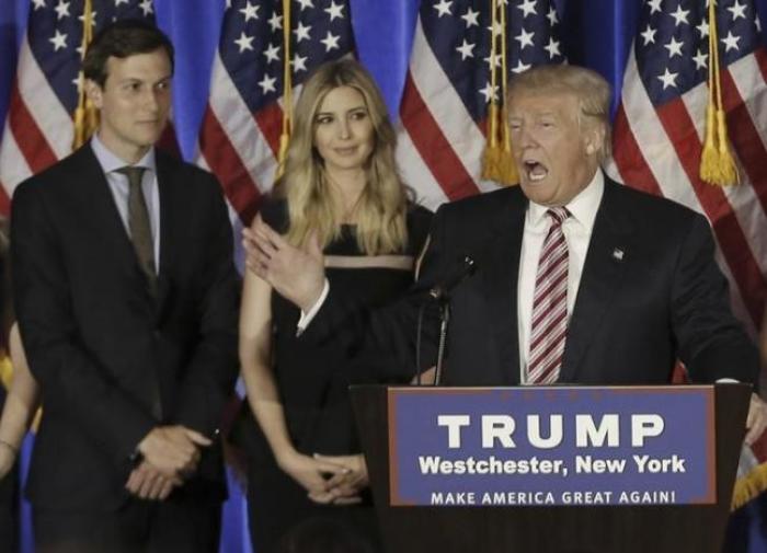 Donald Trump speaks as his son-in-law Jared Kushner (L), daughter Ivanka listen at a campaign event at the Trump National Golf Club Westchester in Briarcliff Manor, New York, U.S., June 7, 2016.
