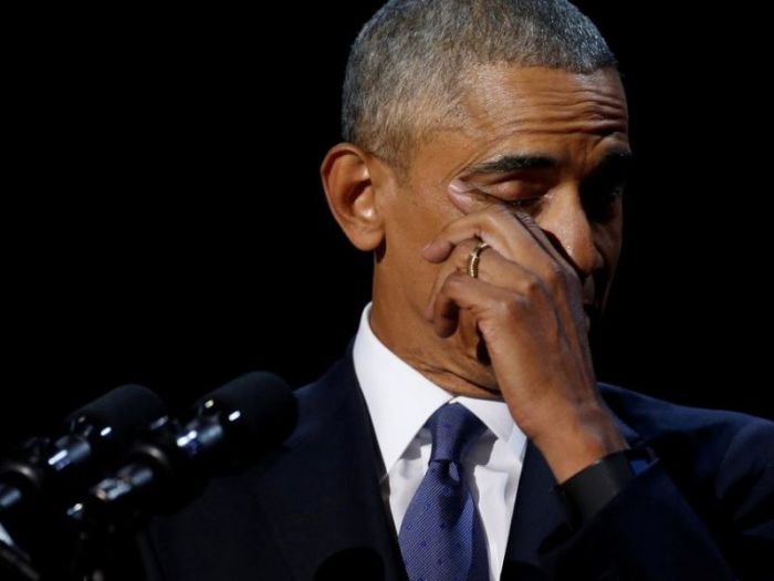 US President Barack Obama wipes away tears as he delivers his farewell address in Chicago, Illinois, US January 10, 2017.