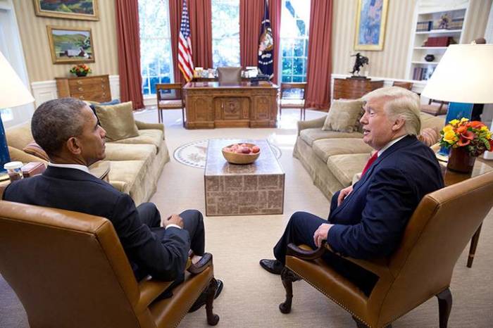 President Barack Obama meets with President-elect Donald Trump in the Oval Office of the White House on November 10, 2016.