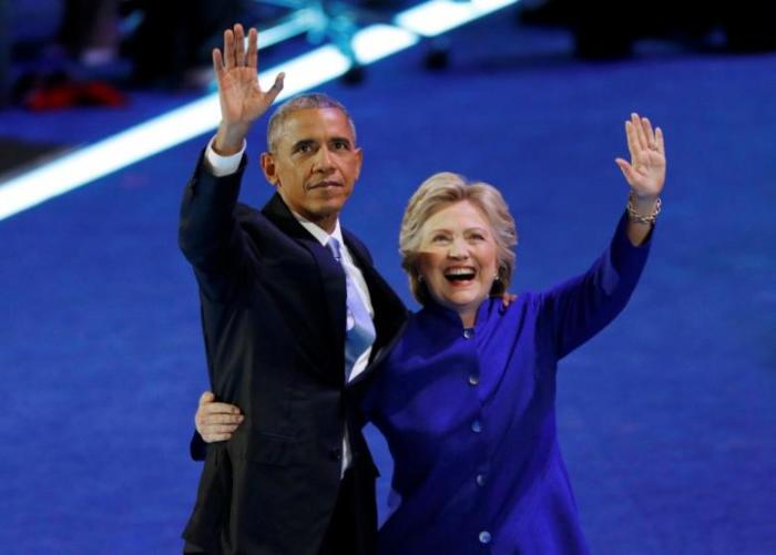 U.S. President Barack Obama is joined by Democratic Nominee for President Hillary Clinton at the Democratic National Convention in Philadelphia, Pennsylvania, U.S. July 27, 2016.