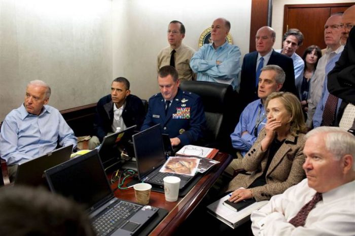 President Obama, Vice President Joe Biden, Secretary of State Hillary Clinton and other members of the national security team receive an update on the mission against Osama bin Laden in the Situation Room of the White House on May 1, 2011.