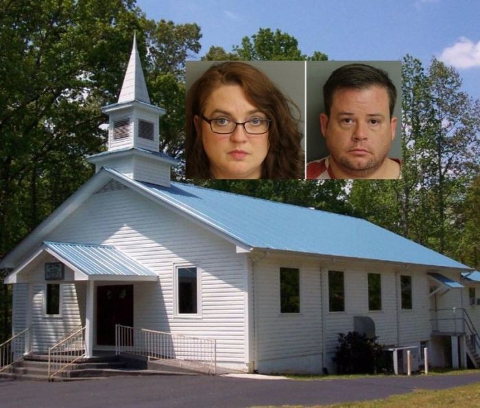 Sardis Baptist Church in Morris, Alabama. In inset photo is the church's former music director Cindy Reese 41 and Jeffery Brown, the church's former pastor.