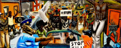 A controversial painting by high school student David Pulphus depicting police officers as pigs.