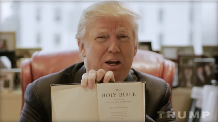 Donald Trump shows off the Bible his mother gave him in a January 2016 video thanking evangelical Christians for supporting his campaign.