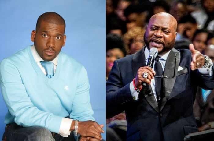Jamal Bryant (L), pastor of Northwest Baltimore's Empowerment Temple, and the late Eddie Long of New Birth Missionary Church in Lithonia, Georgia (R).