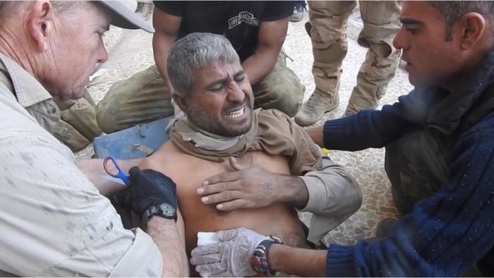 Associates with Free Burma Rangers provide treatment to an Iraqi citizen wounded after the Islamic State detonated an improvised explosive device in Mosul in this YouTube video dated Nov 29, 2016.