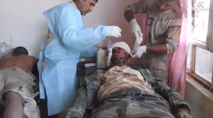 Associates with Free Burma Rangers provide treatment to an Iraqi soldier wounded by the Islamic State in Mosul in this YouTube video dated Nov 29, 2016.