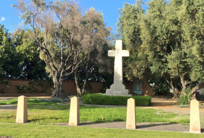 A 14-foot tall granite cross located at a public park in Santa Clara, California, in January 2017. Santa Clara officials removed the cross in response to legal action by the Wisconsin-based Freedom From Religion Foundation.
