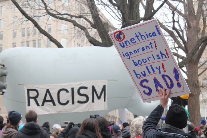 Thousands of protesters march down I Street in Washington, D.C. following the inauguration of President Donald Trump on January 20, 2017.