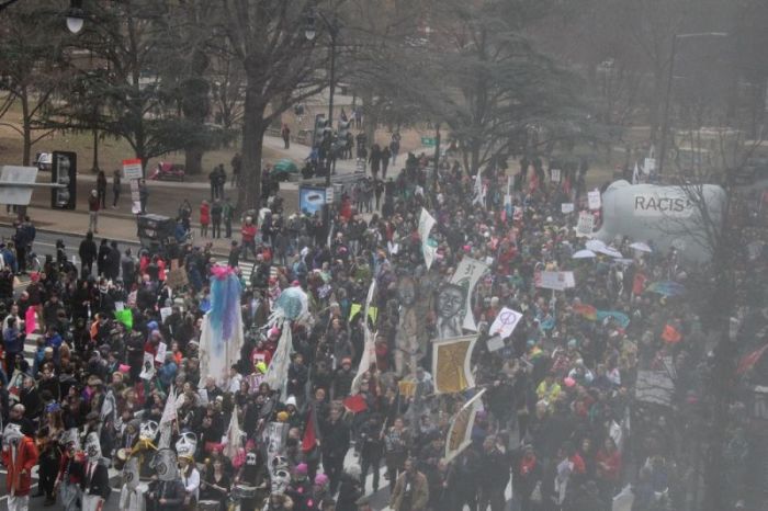 Thousands of protesters march down I Street in Washington, D.C. following the inauguration of President Donald Trump on January 20, 2017.