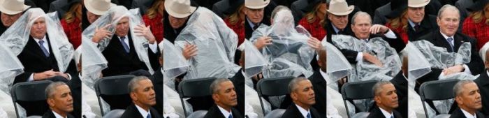 This sequence of pictures shows former U.S. President George W. Bush using a plastic sheet to deal with the rain near outgoing President Barack Obama (L) during the inauguration ceremonies swearing in Donald Trump as the 45th president of the United States on the West front of the U.S. Capitol in Washington, U.S., January 20, 2017.