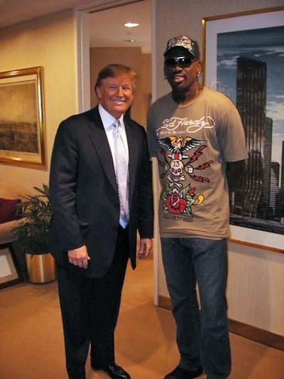 Trump posing with basketball personality Dennis Rodman during Rodman's 2009 participation on Celebrity Apprentice.